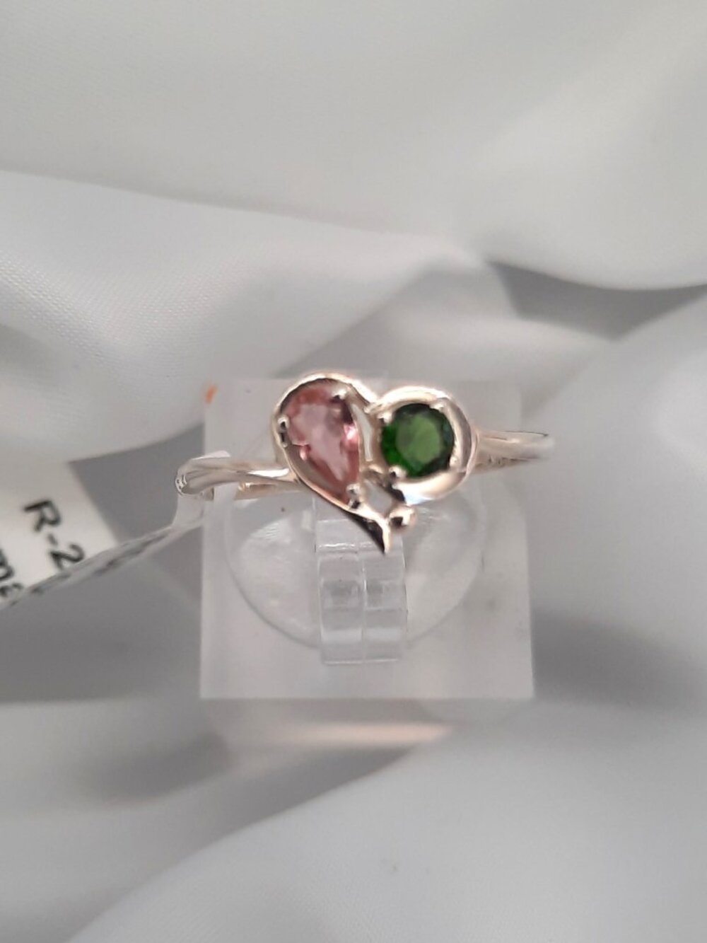 Delicate heart ring, pink & green tourmaline (natural), .925 silver, size 7
